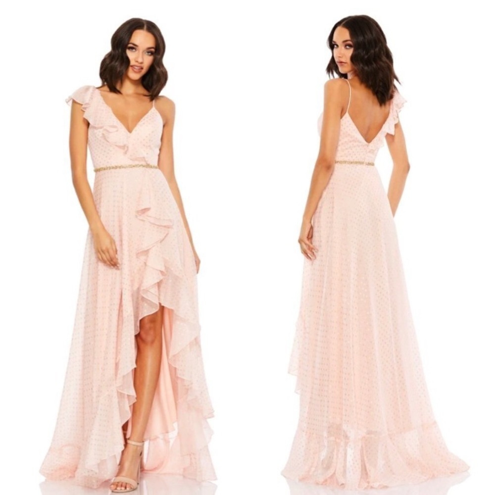 Mac Duggal Polka Dot Asymmetrical Ruffle Gown